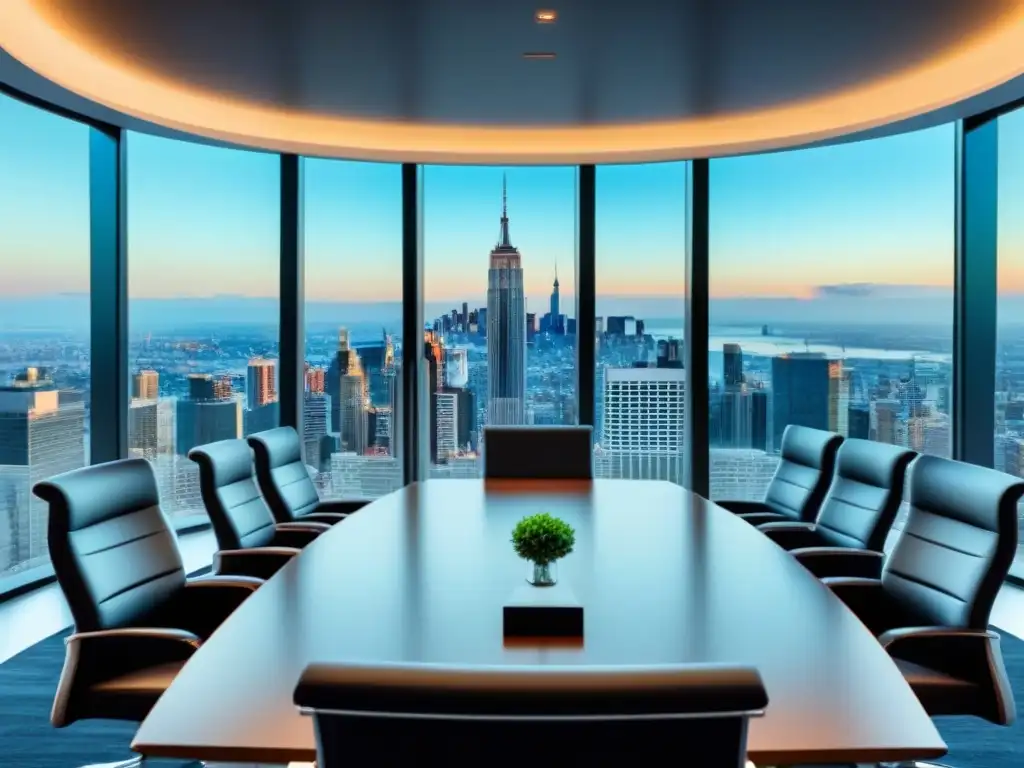 Boardroom de lujo con vista panorámica a la ciudad Oficina corporativa moderna con vistas a la ciudad, mesa elegante y decoración minimalista para estrategias corporativas activos inmobiliarios