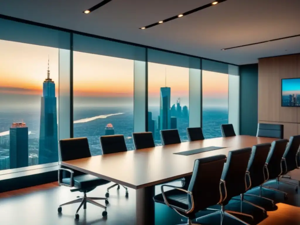 Oficina de lujo con vistas a la ciudad para batallas legales Oficina elegante con vista a la ciudad, muebles modernos, mesa larga y pantalla multimedia