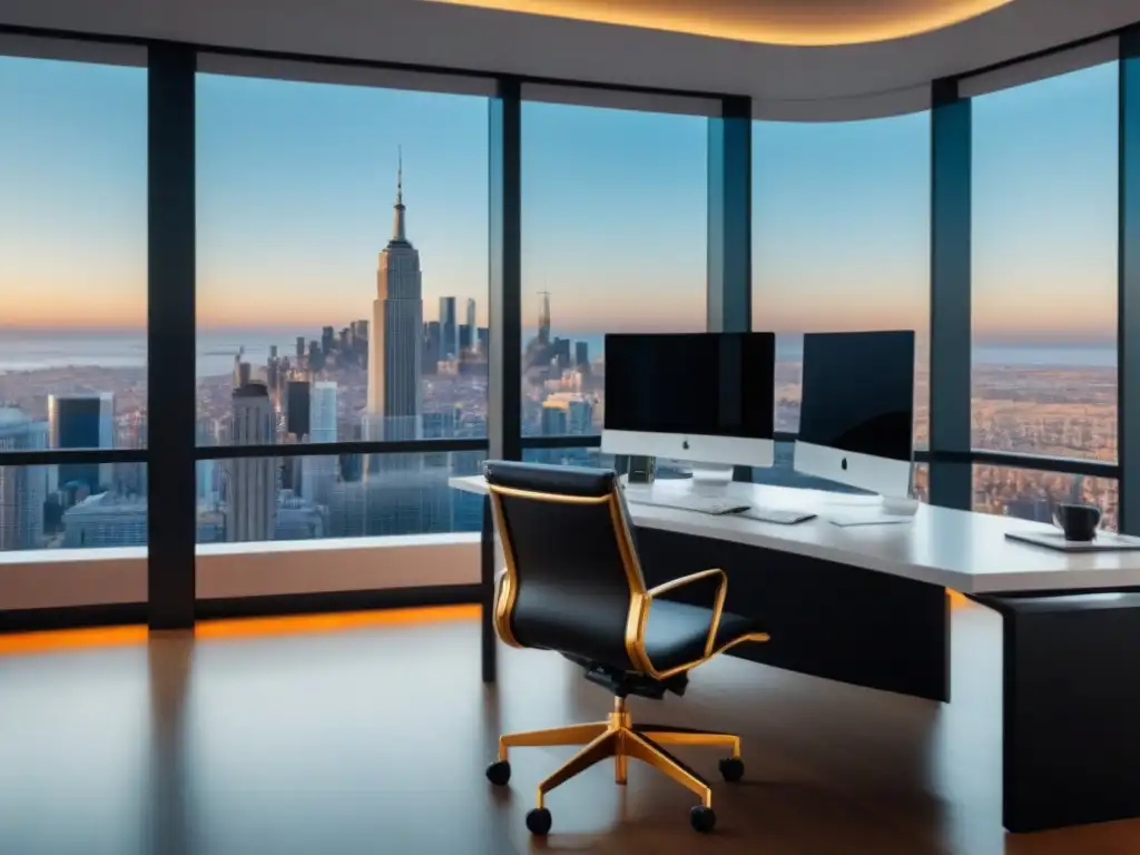 Oficina financiera moderna con vista panorámica de la ciudad Oficina financiera moderna con vista panorámica a la ciudad, mostrando gestión de tiempo compartido