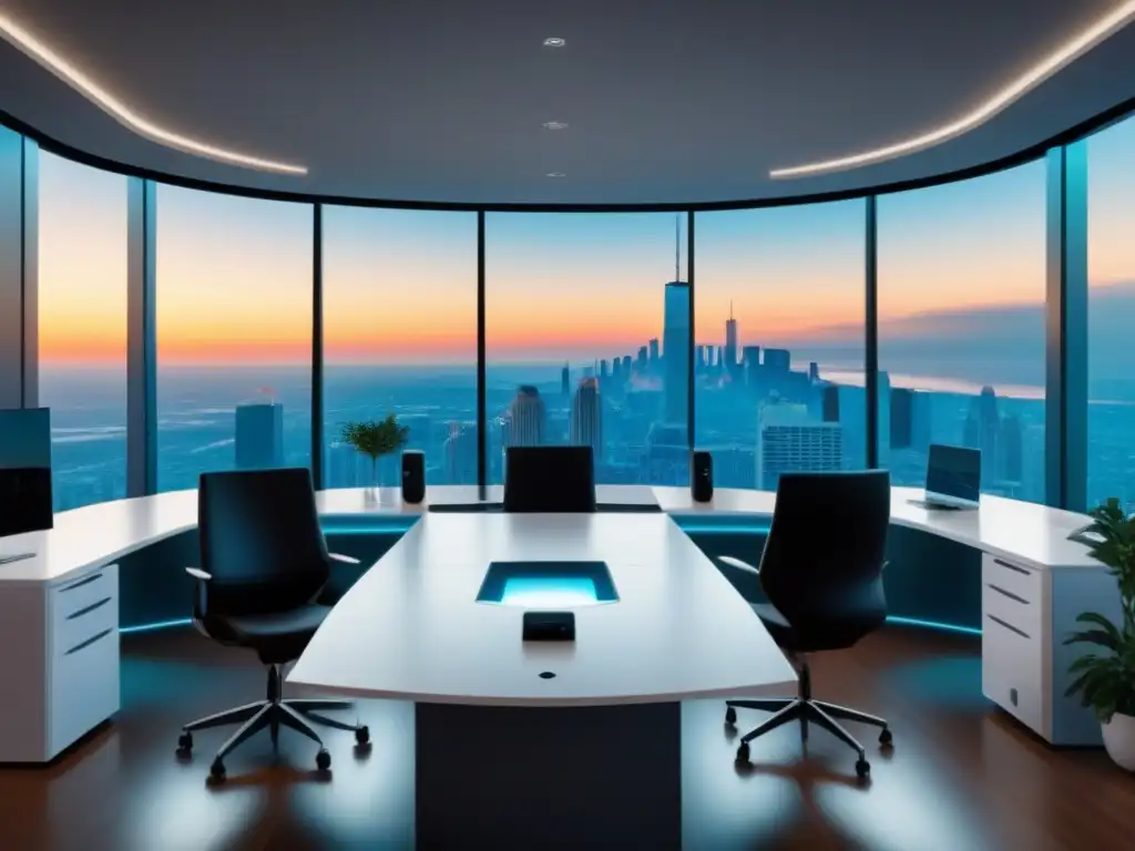 Oficina inmobiliaria futurista en Norteamérica: diseño moderno y tecnológico Oficina futurista de agencia inmobiliaria en Norteamérica con diseño moderno y tecnología avanzada