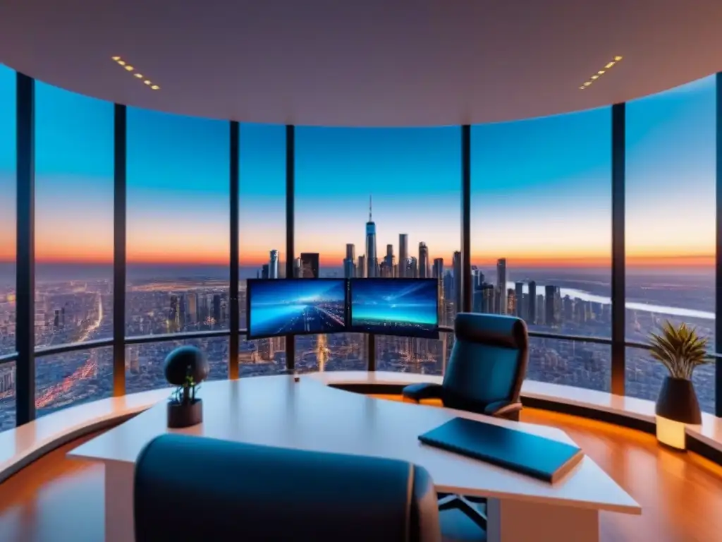 Oficina inmobiliaria futurista: diseño moderno y tecnológico en 8k Oficina futurista de agencia inmobiliaria con técnicas de persuasión visual para leads inmobiliarios