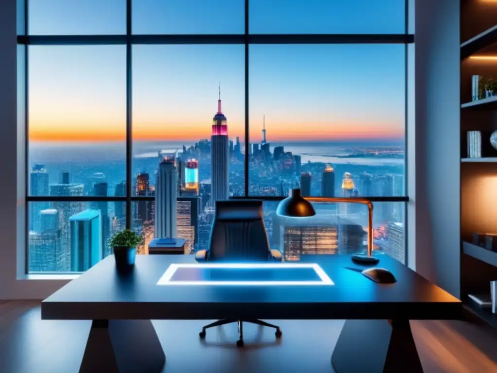Oficina Futurista en Casa Inteligente: Diseño Hightech Oficina futurista en casa inteligente con vista urbana