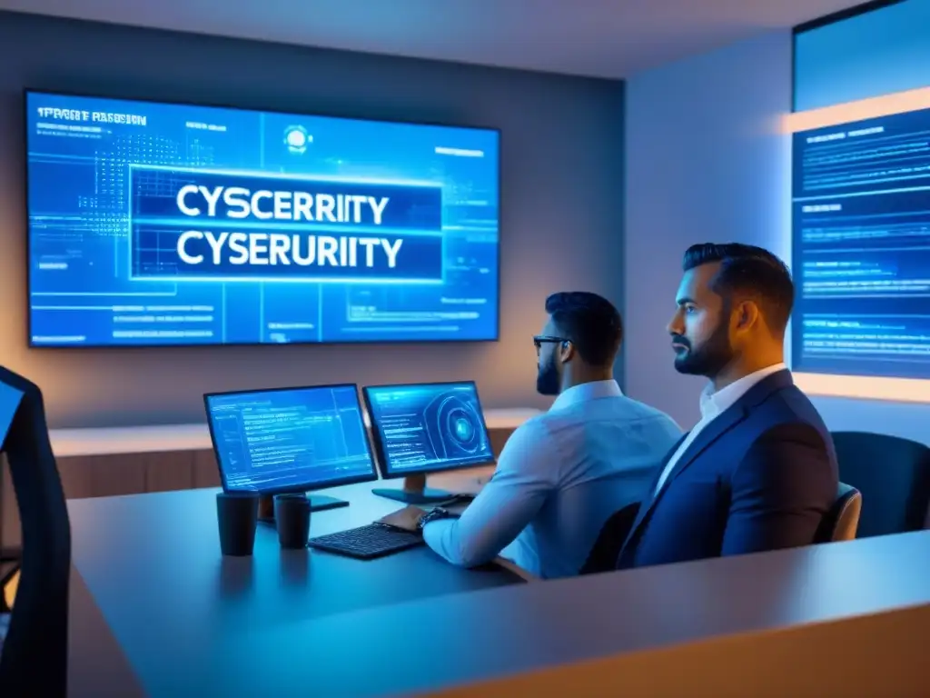 Ciberseguridad para inversionistas inmobiliarios: reunión hightech Oficina futurista de ciberseguridad para inversionistas inmobiliarios en ambiente tecnológico y profesional