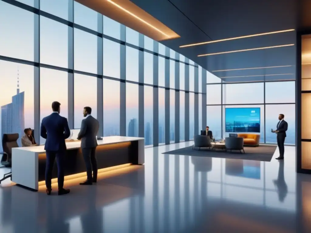 Oficina futurista de alta tecnología para M&A inmobiliario Oficina futurista con colaboración entre profesionales y tecnología avanzada, simbolizando la automatización en M&A inmobiliario