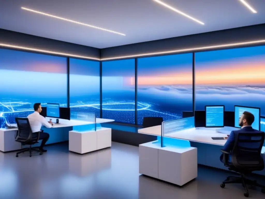 Oficina futurista con tecnología de vanguardia y ambiente sofisticado Oficina futurista con empleados en reunión colaborativa viendo gráficos inmobiliarios en pantalla digital
