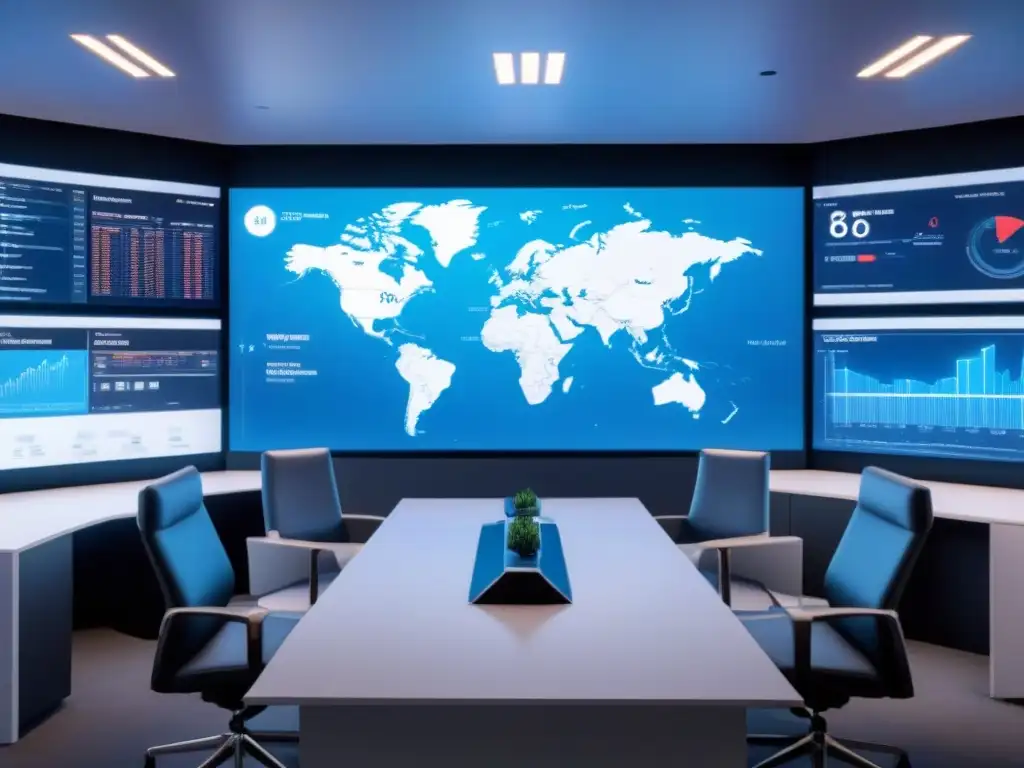 Oficina futurista con panel de control global en 8k Oficina futurista con automatización en gestión inmobiliaria internacional en ambiente azul y tecnológico