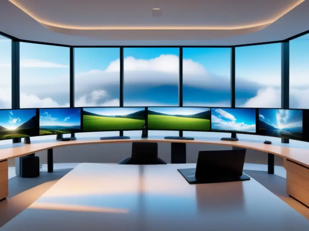Oficina futurista para inmobiliaria con tecnología de vanguardia Oficina futurista para gestión inmobiliaria en la nube, ambiente innovador y eficiente