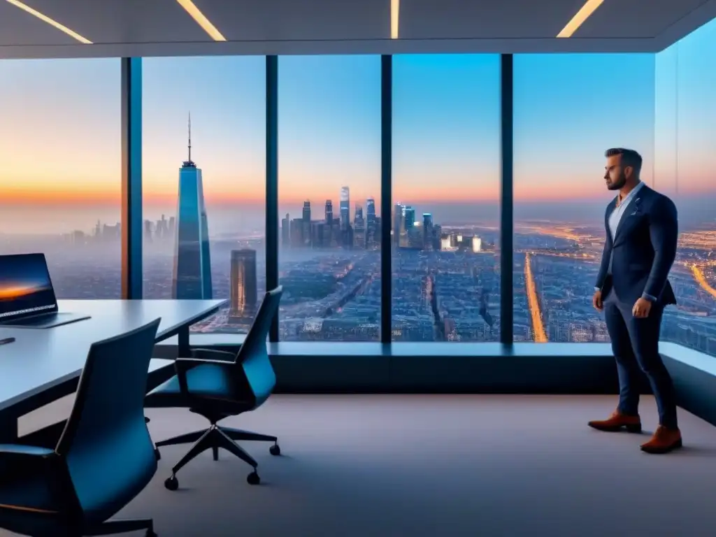 Oficina futurista 8k con IA y vista panorámica Oficina futurista con IA, diseño minimalista y vista urbana