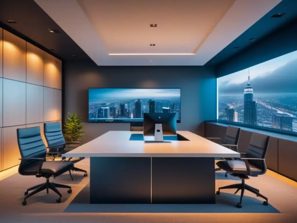 Oficina futurista con sistemas de gestión automatizados integrados Oficina futurista con sistema gestión automatizado inversión