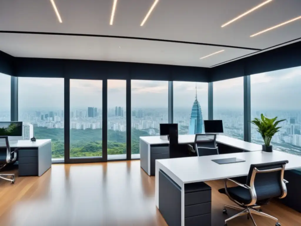 Oficina futurista en ciudad asiática: diseño vanguardista y tecnología de punta Oficina futurista en el sudeste asiático con tendencias mercado espacios trabajo Asia