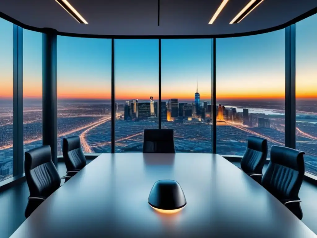 Innovación en Inversiones Inmobiliarias: Oficina Futurista 8k Oficina futurista con tecnología avanzada y profesionales en reunión estratégica