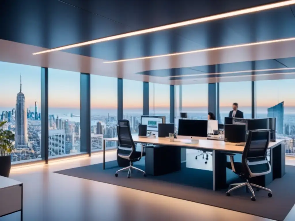 Edificio inteligente: innovación y conectividad en IoT Oficina futurista con tecnología IoT en bienes raíces comerciales, reflejando innovación y eficiencia