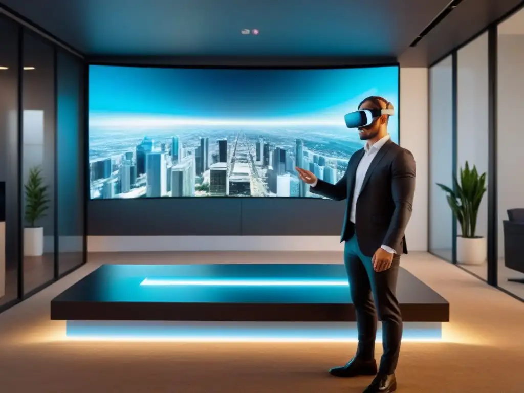 Realidad virtual: revolucionando el mercado inmobiliario Oficina futurista con tecnología en Due Diligence Inmobiliaria: hologramas de propiedades proyectadas por gafas de realidad virtual