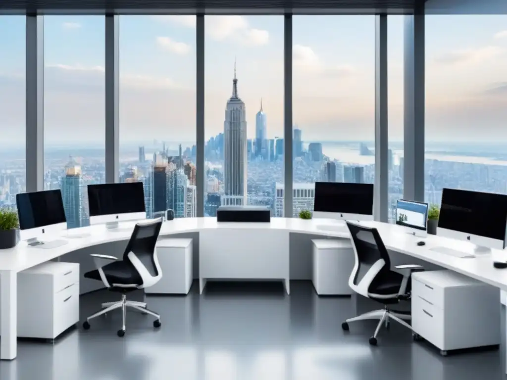 Oficina futurista con vistas a la ciudad Oficina futurista con vista a la ciudad, mobiliario minimalista y tecnología de vanguardia