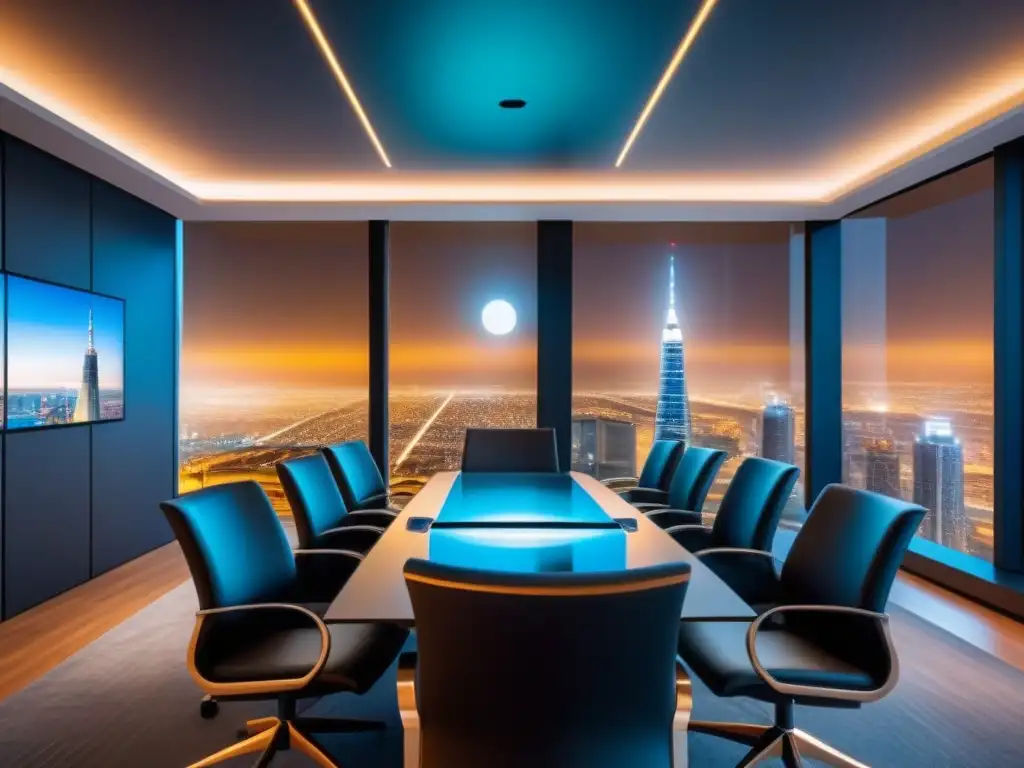 Oficina futurista con vista nocturna de ciudad