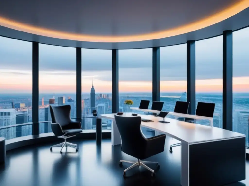 Oficina futurista: innovación y colaboración en la ciudad Oficina futurista con vista panorámica de la ciudad, profesionales colaborando