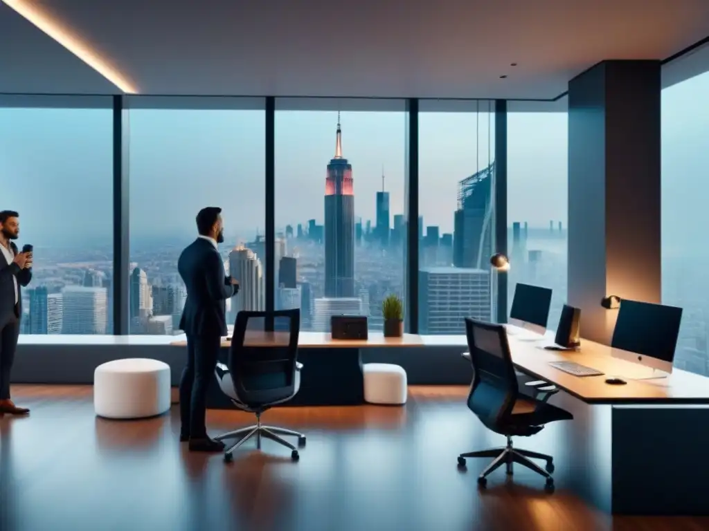 Oficina futurista de lujo con vista urbana en 8k Oficina futurista con vista urbana, profesionales en reunión