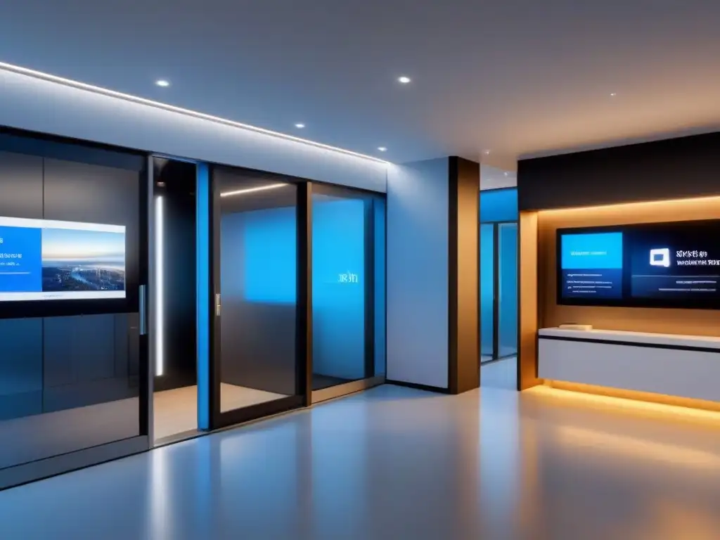 Oficina inmobiliaria automatizada de última generación en 8k Oficina inmobiliaria automatizada en alta definición, con diseño futurista, iluminación suave y toques de azul
