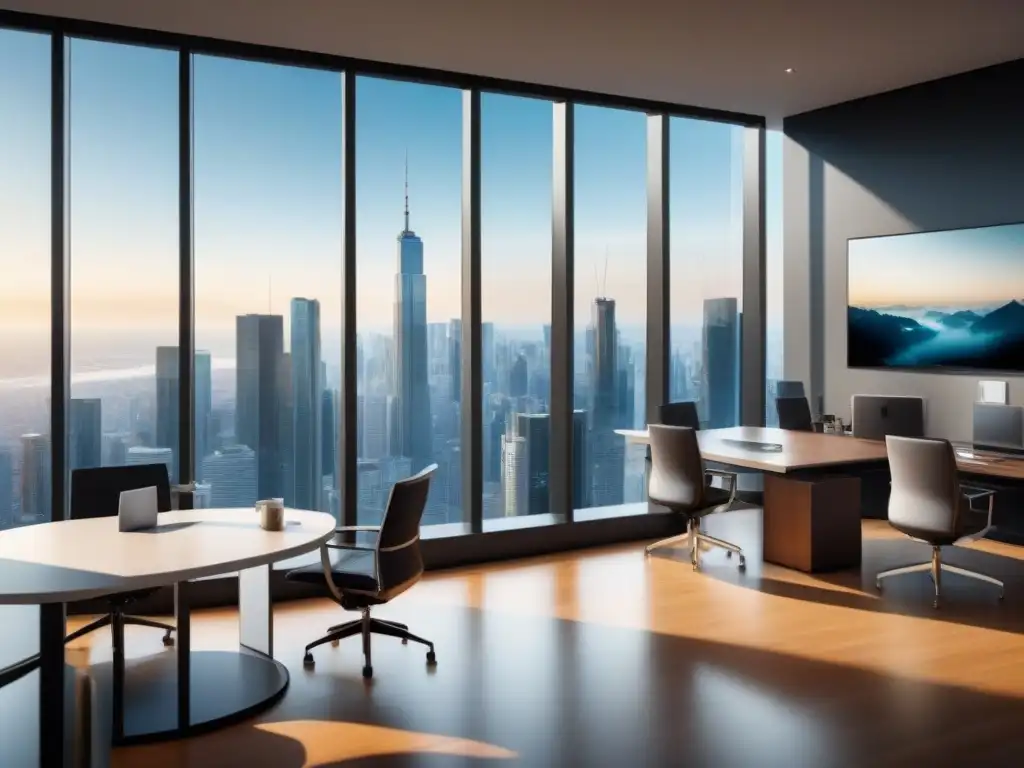 Oficina inmobiliaria futurista: innovación y éxito en el sector Una oficina inmobiliaria futurista con gadgets de alta tecnología y profesionales discutiendo estrategias anticíclicas bienes raíces