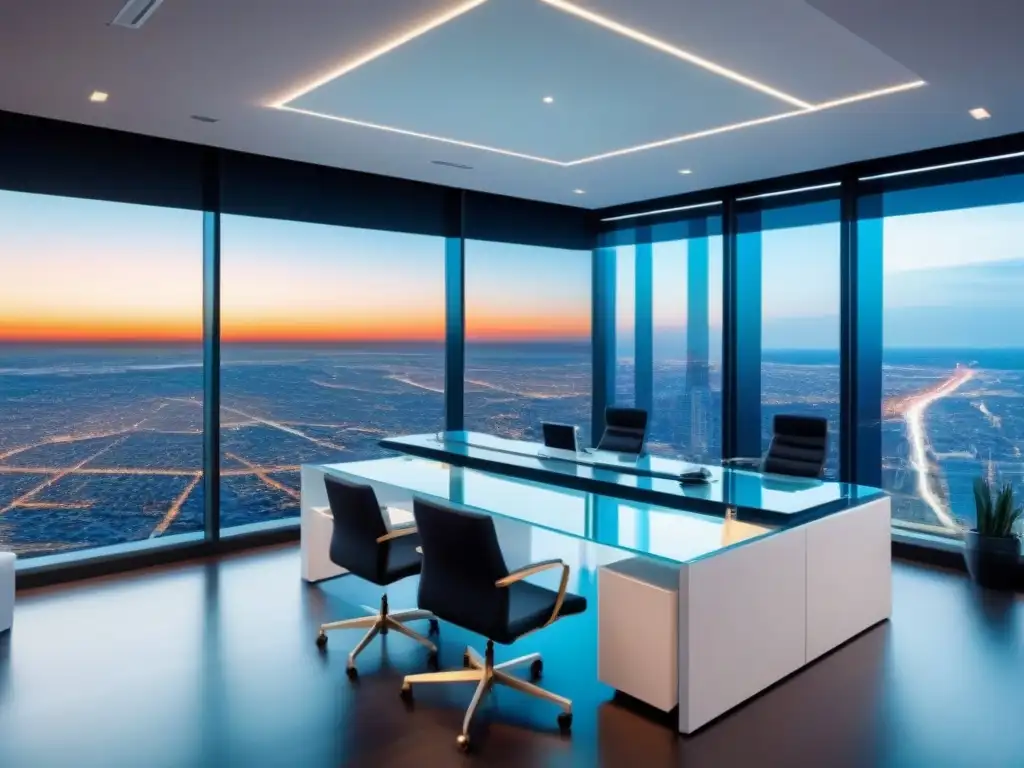 Oficina inmobiliaria futurista con tecnología avanzada Oficina inmobiliaria futurista con herramientas tecnológicas para marketing internacional