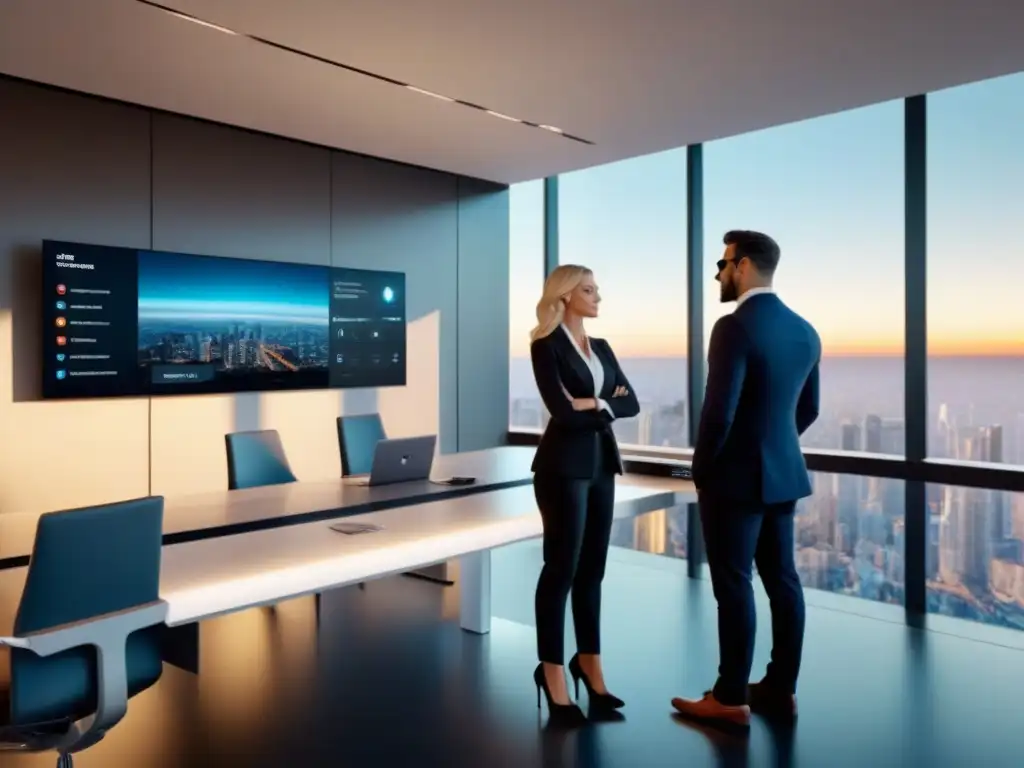 Oficina inmobiliaria futurista con IA avanzada Oficina inmobiliaria futurista con tecnología de Inteligencia Artificial integrada en el marketing