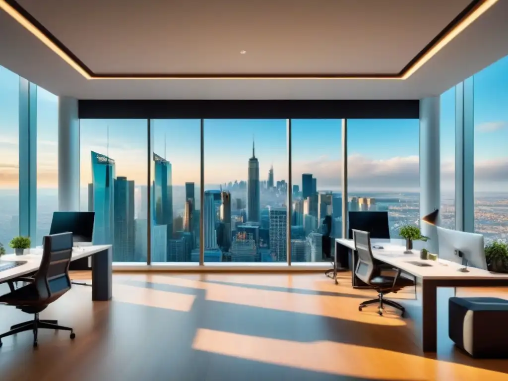 Oficina inmobiliaria internacional: innovación y éxito Oficina inmobiliaria internacional moderna y elegante con profesionales colaborando, reflejando éxito y dinamismo