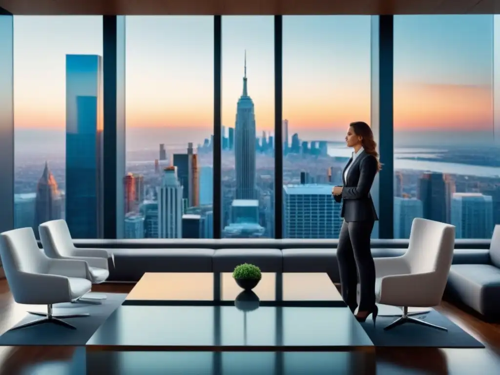Oficina inmobiliaria de lujo con vista a la ciudad Oficina inmobiliaria de lujo con vista a la ciudad, profesionales discuten estrategias de inversión con gráficos en pantalla
