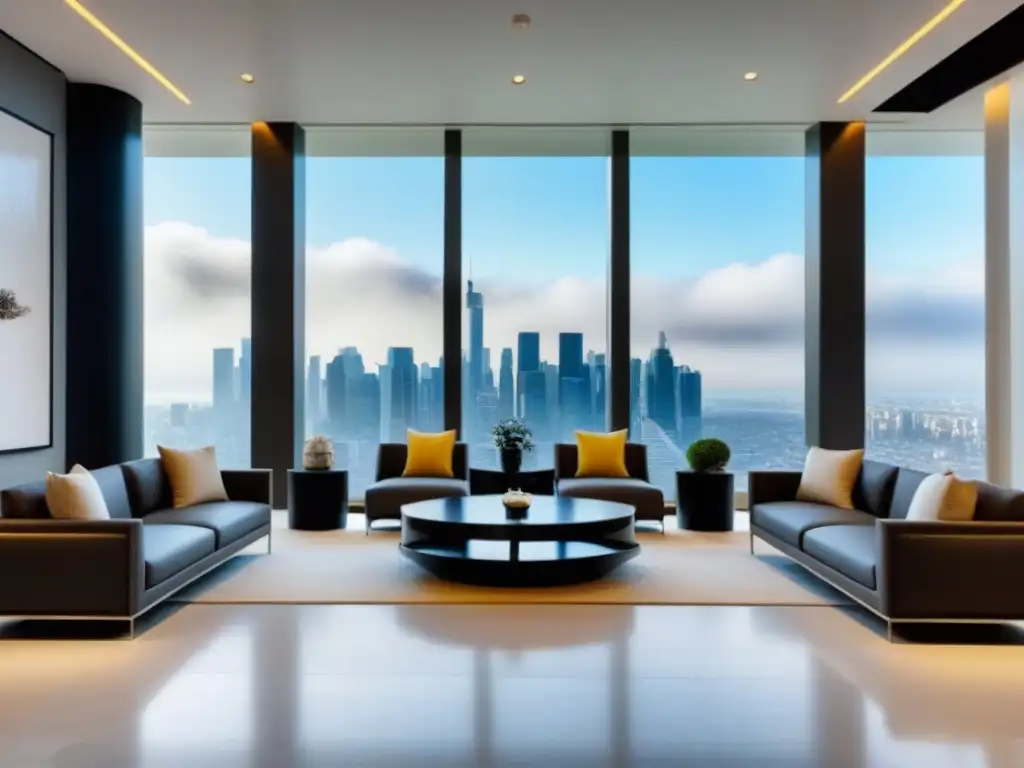 Oficina inmobiliaria de lujo: elegancia y éxito en la ciudad Oficina inmobiliaria de lujo con vista panorámica a la ciudad, muebles minimalistas y arte elegante en las paredes