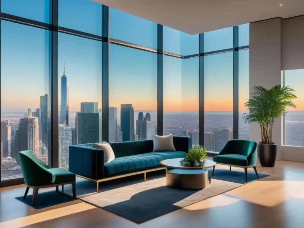 Oficina inmobiliaria de lujo con vista a la ciudad Oficina inmobiliaria de lujo con vistas a la ciudad y diseño moderno, destacando la personalización en marketing inmobiliario internacional