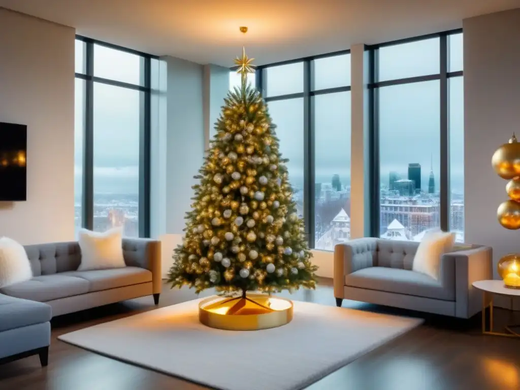 Oficina inmobiliaria de lujo decorada para las fiestas Una oficina inmobiliaria lujosa y moderna decorada para las fiestas, transmitiendo calidez y sofisticación