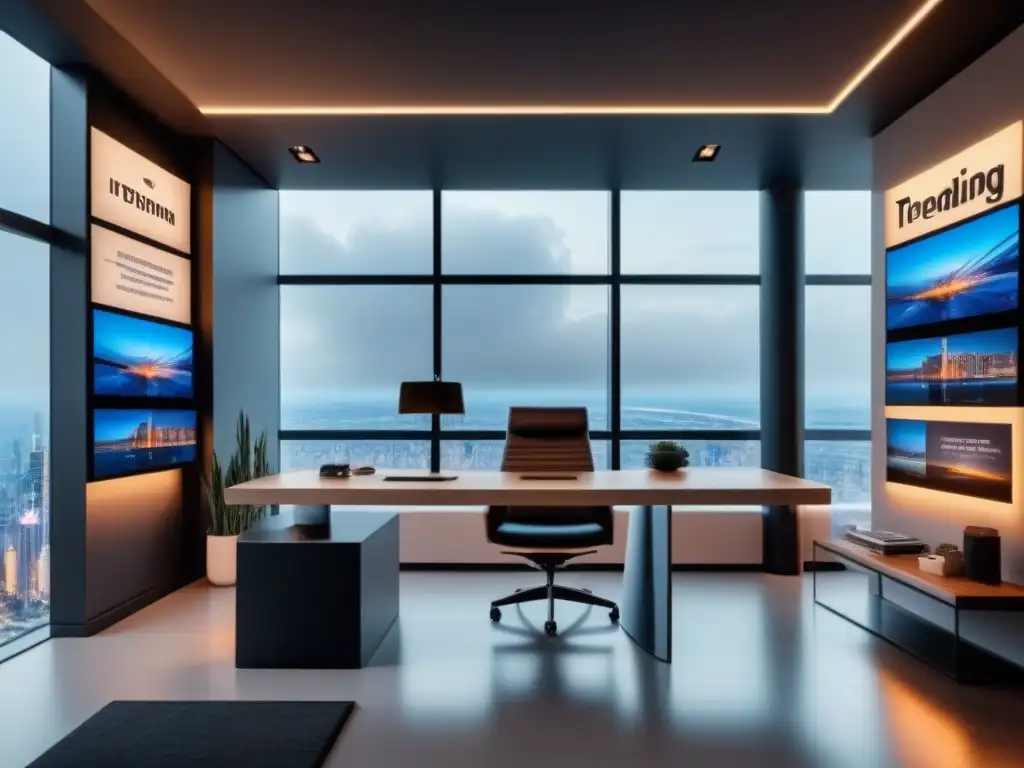 Oficina inmobiliaria moderna: realidad aumentada y tecnología futurista Oficina inmobiliaria moderna con tecnología AR y diseño sofisticado