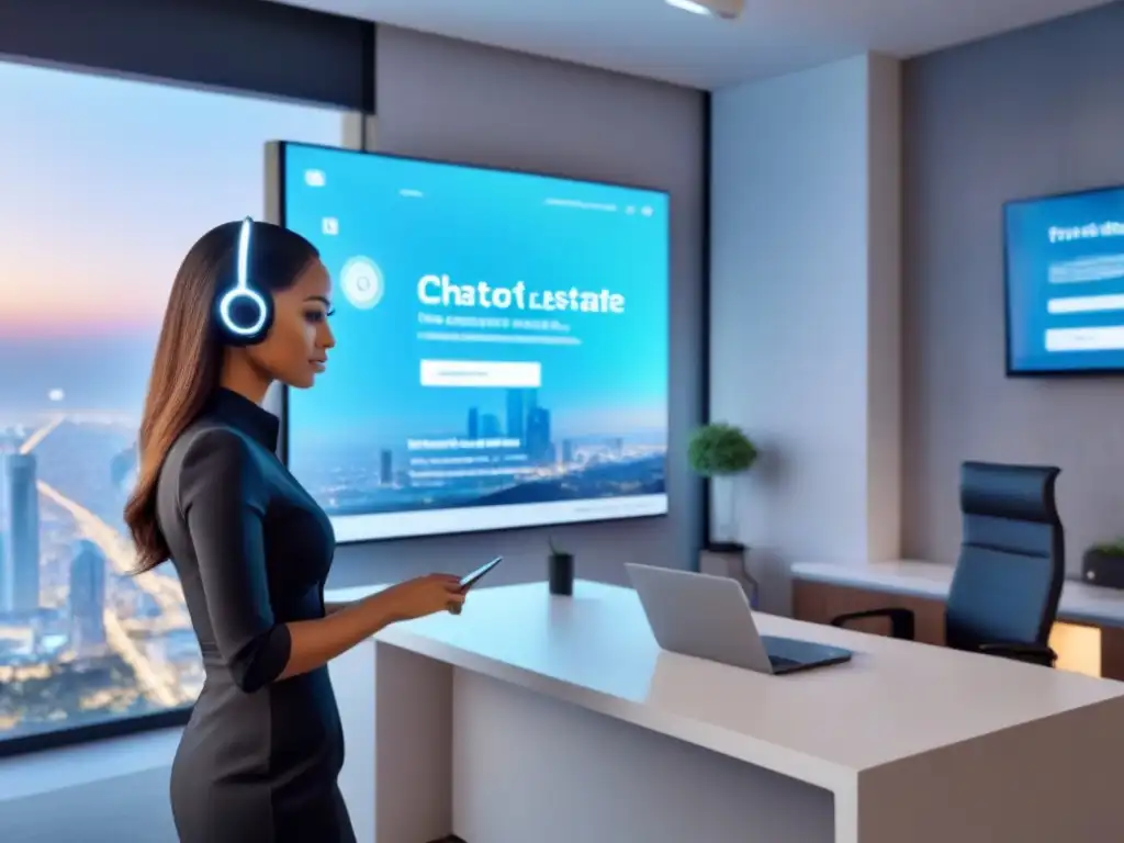 Interfaz de chatbot futurista en oficina inmobiliaria moderna Una oficina inmobiliaria moderna con un chatbot futurista integrado, mostrando propiedades en un holograma