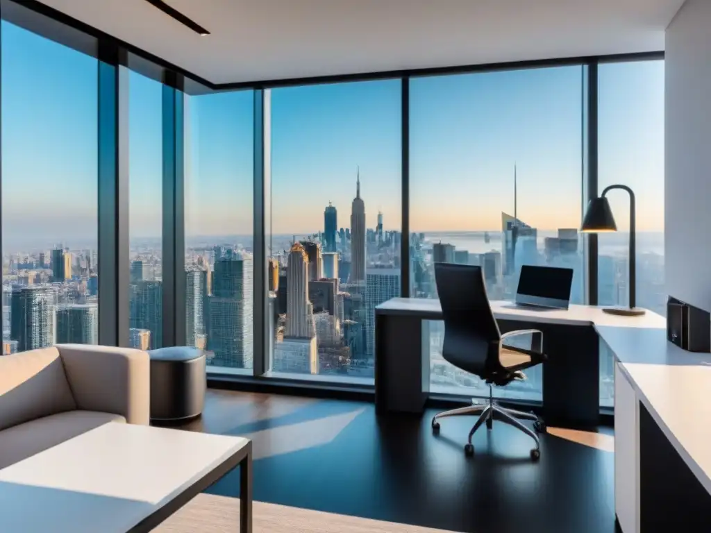 Oficina inmobiliaria moderna: diseño minimalista con vistas panorámicas Oficina inmobiliaria moderna con diseño minimalista, ventanales panorámicos y mobiliario contemporáneo