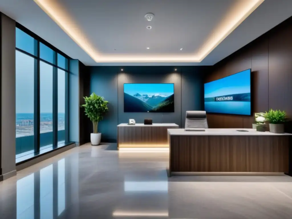 Oficina inmobiliaria moderna: lobby elegante y eficiente Oficina inmobiliaria moderna y elegante, lista para gestión crisis redes sociales inmobiliarias