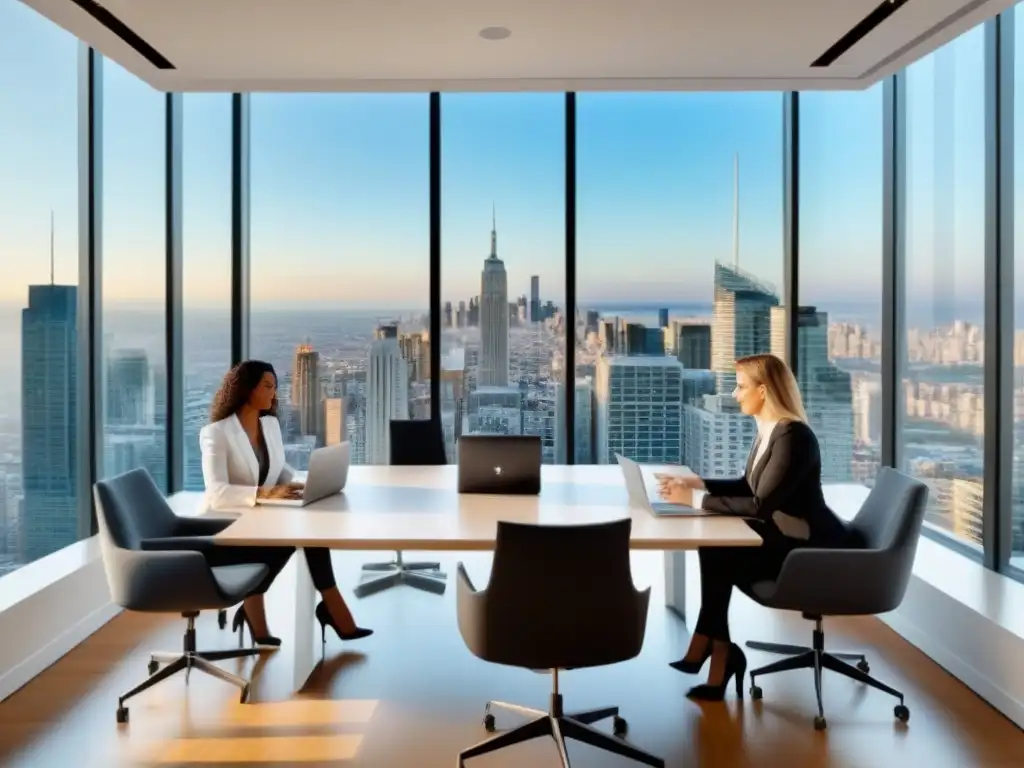 Oficina inmobiliaria moderna y profesional con vista a la ciudad Una oficina inmobiliaria moderna y elegante con vistas a la ciudad