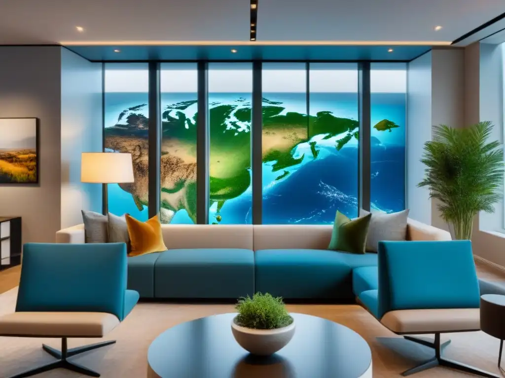 Oficina inmobiliaria moderna y elegante con diseño global Una oficina inmobiliaria moderna y elegante con profesionales discutiendo estrategias de marketing