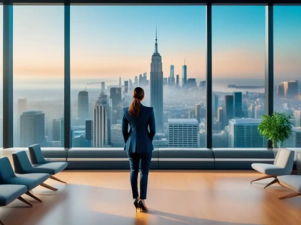 Oficina inmobiliaria moderna con vistas a la ciudad en 8K Oficina inmobiliaria moderna con equipo diverso reunido, demostrando innovación y fidelización clientes en el sector inmobiliario