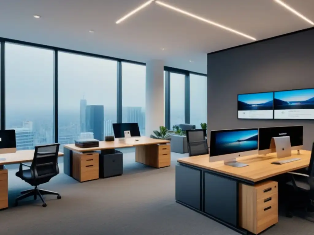 Oficina inmobiliaria moderna: innovación y profesionalismo Oficina inmobiliaria moderna con equipo diverso discutiendo estrategias de fidelización clientes