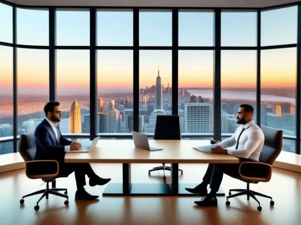 Oficina inmobiliaria moderna con vista panorámica de ciudad Oficina inmobiliaria moderna con estrategias publicidad bienes raíces internacional