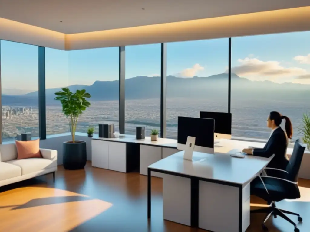 Oficina inmobiliaria moderna en ciudad fronteriza Una oficina inmobiliaria moderna y exitosa en una ciudad fronteriza, con profesionales en una reunión productiva