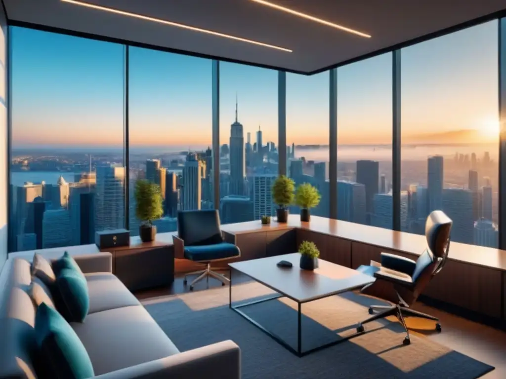 Oficina inmobiliaria moderna con vista a la ciudad: ultradetallada, 8k Oficina inmobiliaria moderna y luminosa con vista a la ciudad, ideal para uso estratégico hashtags bienes raíces