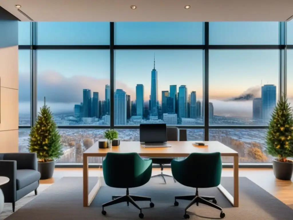 Oficina inmobiliaria moderna con decoración estacional de festivales Oficina inmobiliaria moderna con marketing estacional y vista nevada