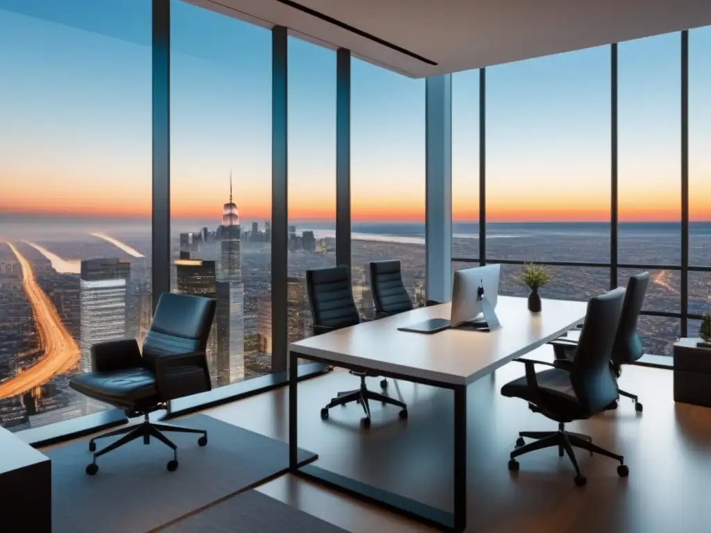 Oficina inmobiliaria de lujo: innovación y éxito en el mercado Oficina inmobiliaria moderna con decoración minimalista y equipo diverso planificando estrategias de SEO en mercado inmobiliario internacional