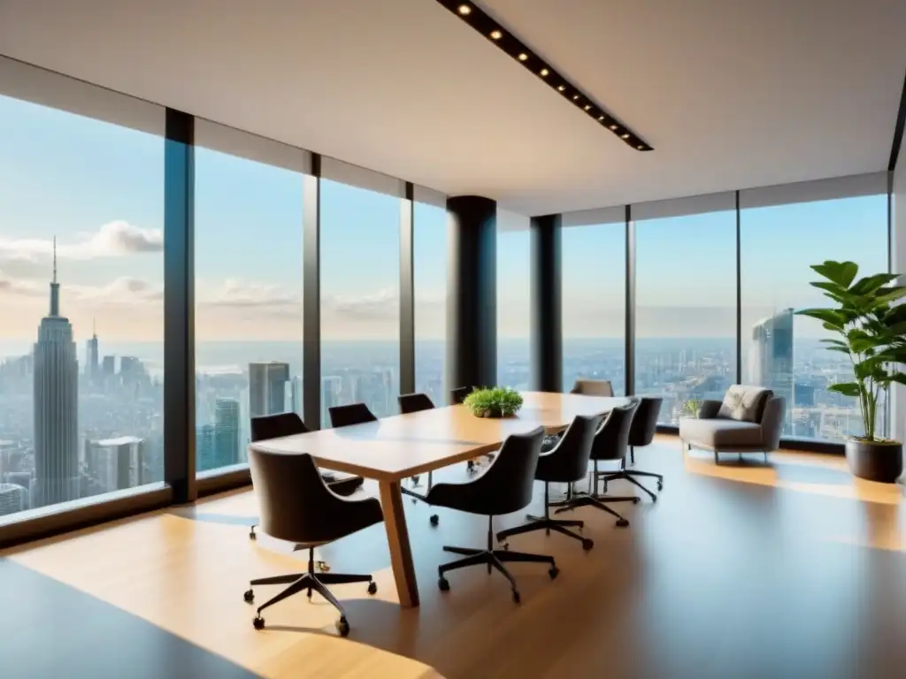 Oficina inmobiliaria moderna y creativa con vista a la ciudad Oficina inmobiliaria moderna con profesionales diversificados discutiendo estrategias marketing contenido bienes raíces