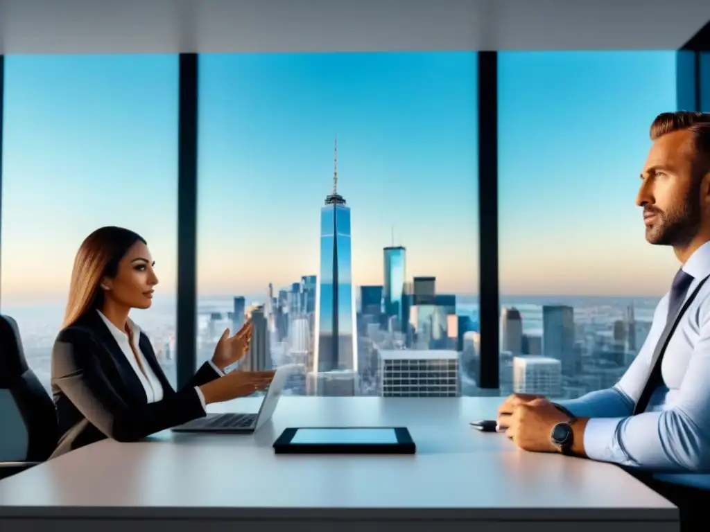 Oficina inmobiliaria de lujo con presentación digital impactante Una oficina inmobiliaria moderna con storytelling en mercado inmobiliario internacional