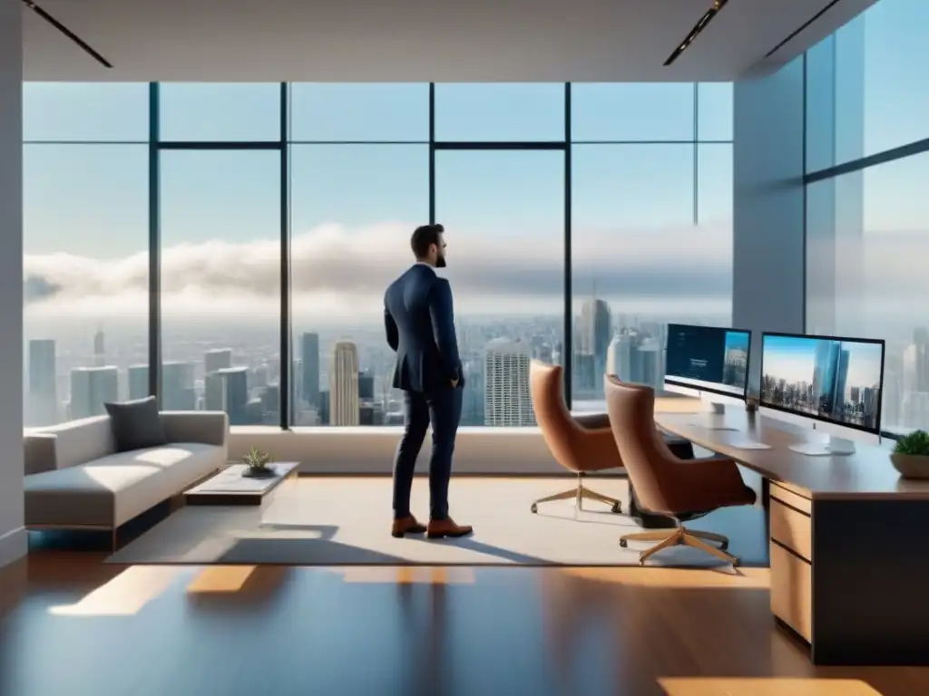Oficina inmobiliaria futurista con realidad aumentada en América del Norte Oficina inmobiliaria moderna en Norteamérica con tecnología de realidad aumentada propiedades