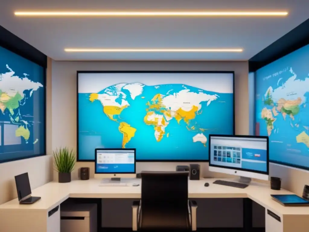 Oficina inmobiliaria global de alta tecnología Oficina inmobiliaria moderna con temática global, profesionales colaborando y elementos culturales de varios países