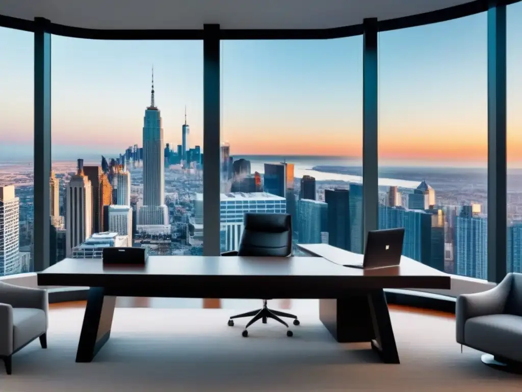 Una oficina inmobiliaria moderna con vista a la ciudad, elegante y tecnológica