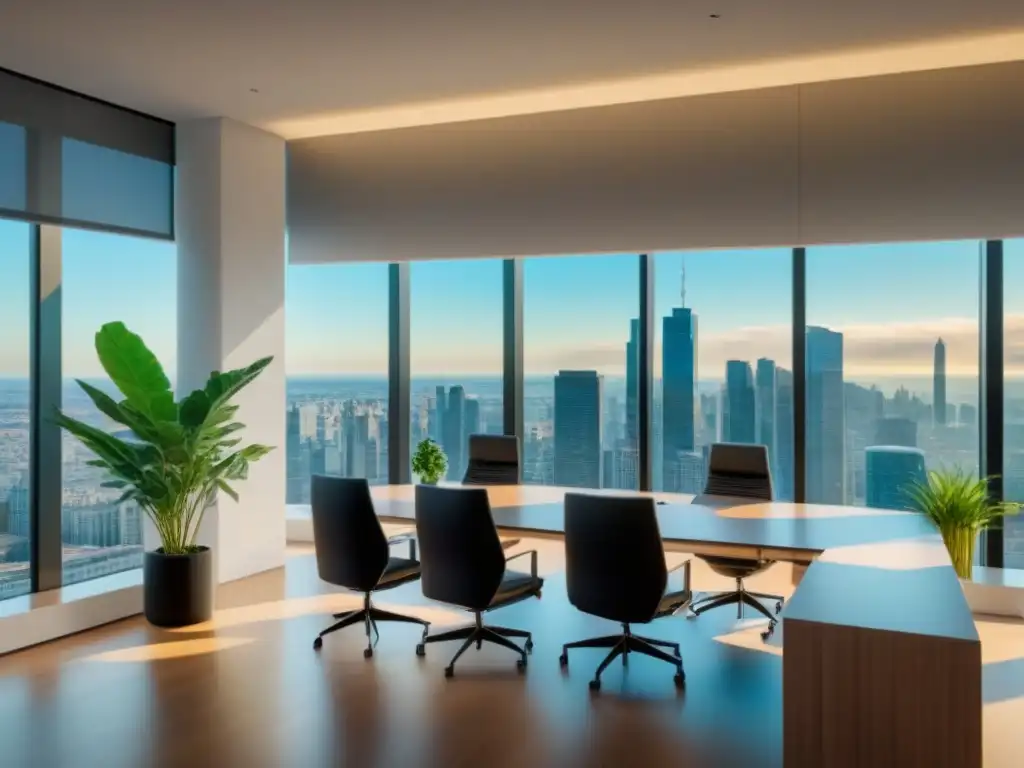 Oficina inmobiliaria moderna y exitosa con vistas a la ciudad Una oficina inmobiliaria moderna con vista a la ciudad, profesionales en reunión