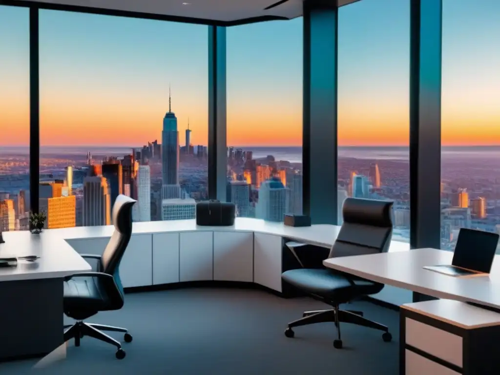 Oficina inmobiliaria de vanguardia: sofisticación e innovación en la ciudad Oficina inmobiliaria moderna con vista panorámica de la ciudad